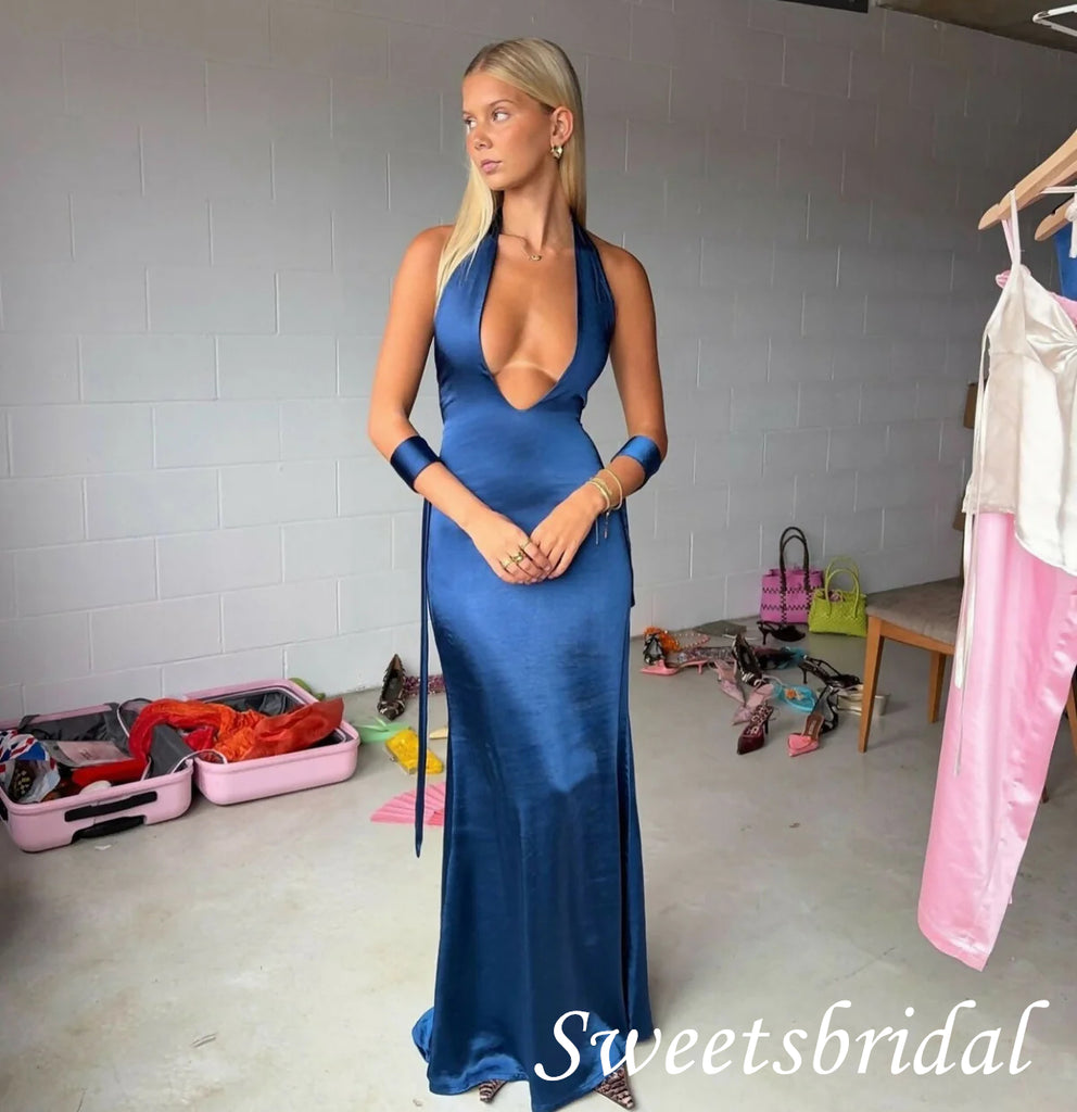 Sexy Deep V-neck Sleeveless Mermaid Long Floor Length Prom Dress,SWS2558