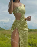 Moss Green Sparkly Sleeveless Side Slit  Mermaid Floor Length Prom Dress,SWS2195