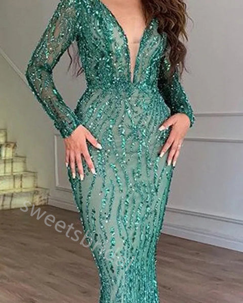 Sexy Long Sleeves V-neck Sheath Floor Length Prom Dress,SWS2258