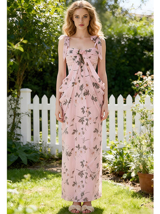 Floral Bow Knot Straps Sleeveless Mermaid Ankle Length Prom Party Dress,SWS2613