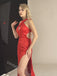 Red Halter Sleeveless Side Slit Mermaid Floor Length Prom Dress,SWS2416