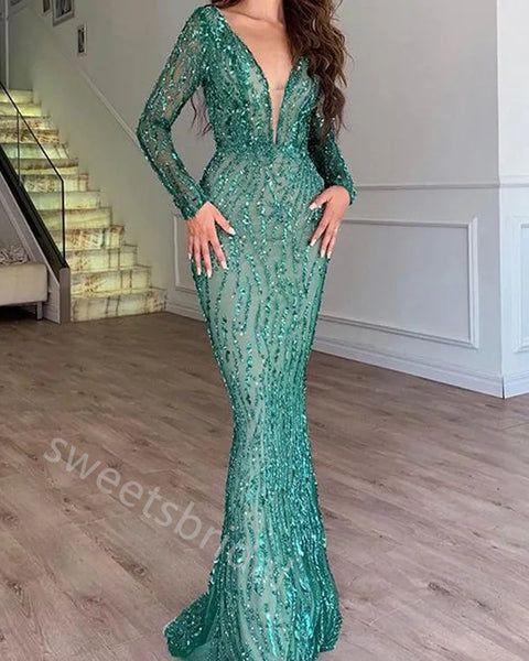Sexy Long Sleeves V-neck Sheath Floor Length Prom Dress,SWS2258