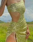 Moss Green Sparkly Sleeveless Side Slit  Mermaid Floor Length Prom Dress,SWS2195