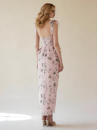 Floral Bow Knot Straps Sleeveless Mermaid Ankle Length Prom Party Dress,SWS2613