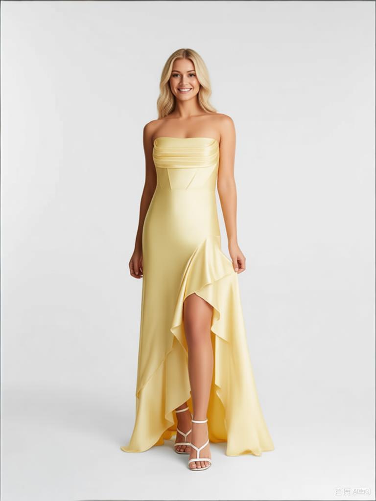 Elegant Yellow Ruffle Side Slit Sleeveless Mermaid Floor Length Prom Party Dress,SWS2586