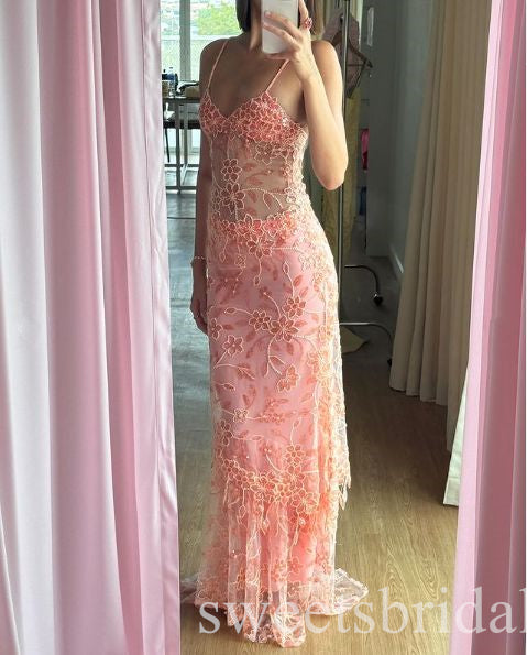 Pink V-neck Sleeveless Mermaid Long Prom Dress,SWS2469