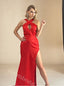 Red Halter Sleeveless Side Slit Mermaid Floor Length Prom Dress,SWS2416