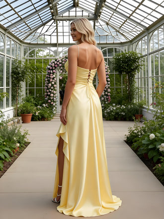 Elegant Yellow Ruffle Side Slit Sleeveless Mermaid Floor Length Prom Party Dress,SWS2586