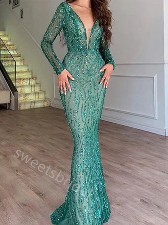 Sexy Long Sleeves V-neck Sheath Floor Length Prom Dress,SWS2258