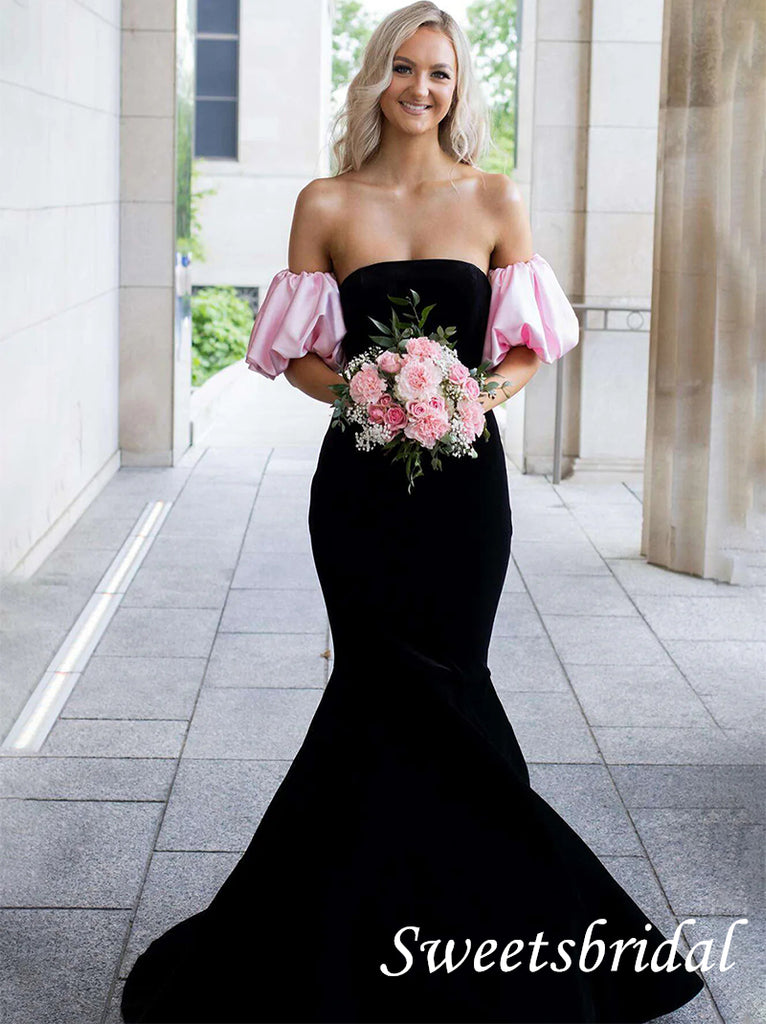 Black and Pink Off Shoulder Sleeveless Mermaid Floor Length Prom Dress,SWS2539