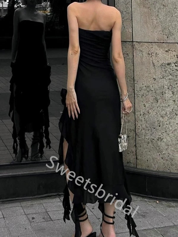 Black Sexy Strapless Sleeveless Side slit Mermaid Long Prom Dress,SW2030