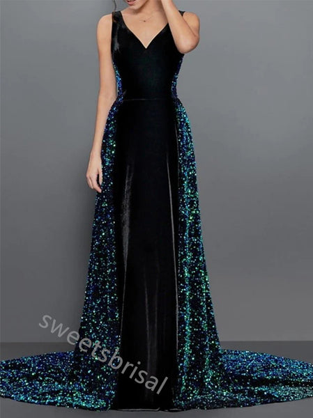 Black V-neck Sleeveless A-line Floor Length Prom Dress,SWS2215