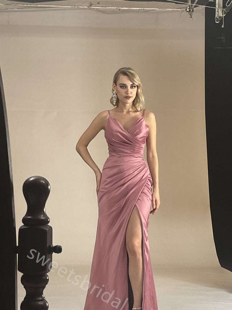 Dusty Rose V-neck Side Slit Sheath Long Bridesmaid Dresses, SWE1417