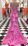 Pink Ruffle Sleeveless Simple Mermaid Floor Length Prom Dress,SWS2271