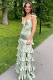 Sage Ruffle V-neck Side Slit Sleeveless A-line Long Floor Length Prom Dress,SWS2345