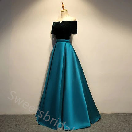 Elegant Off Shoulder Half Sleeves A-line Floor Length Prom Dress,SWS2172