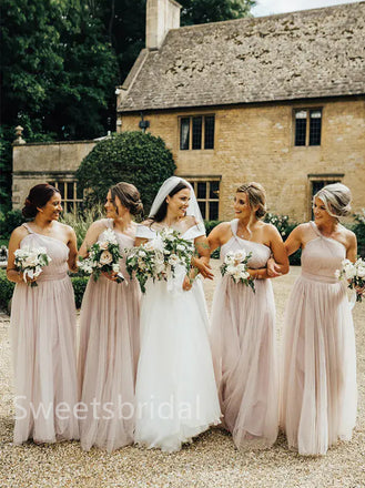 Elegant One shoulder Sleeveless A-line Long Bridesmaid Dressess, SWE1403