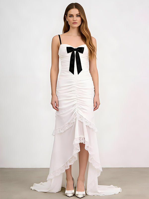 Pretty Lace Ruffles High Low Sleeveless Mermaid Long Prom Party Dress,SWS2616