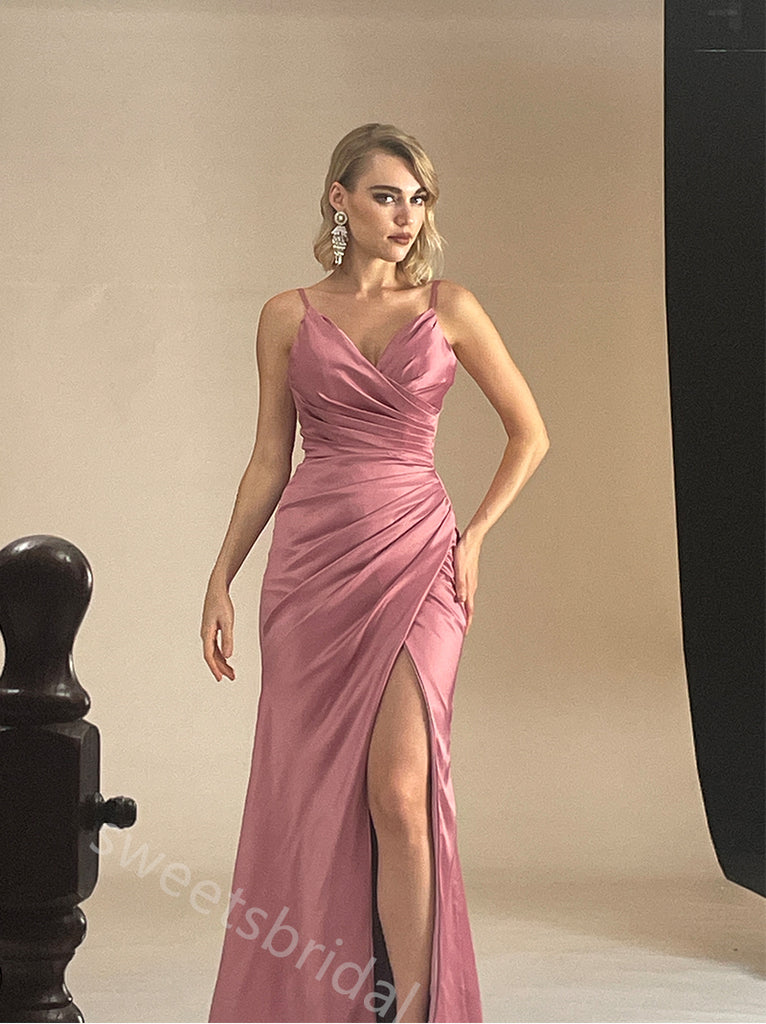 Dusty Rose V-neck Side Slit Sheath Long Bridesmaid Dresses, SWE1417