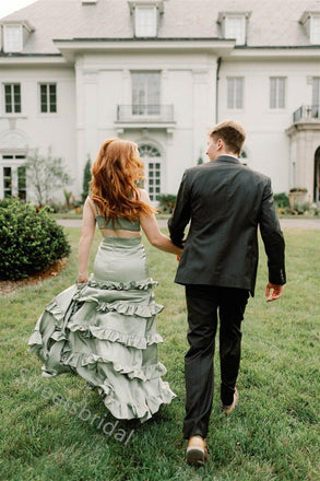 Sage Ruffle V-neck Side Slit Sleeveless A-line Long Floor Length Prom Dress,SWS2345