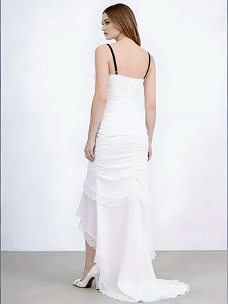 Pretty Lace Ruffles High Low Sleeveless Mermaid Long Prom Party Dress,SWS2616