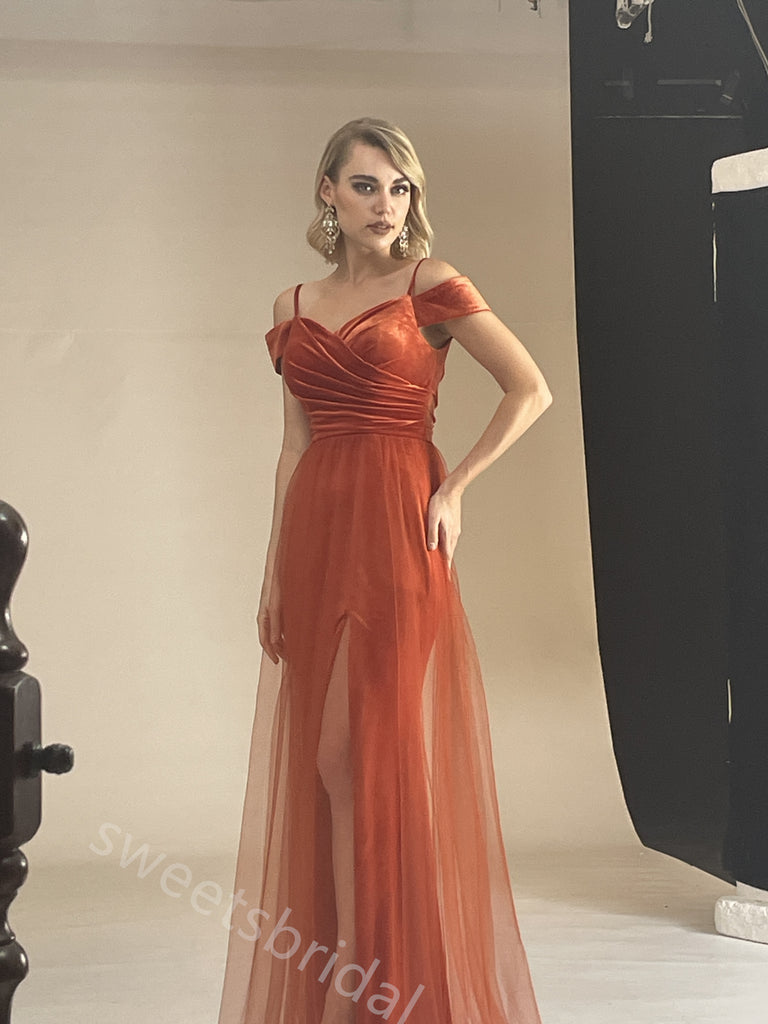 Sexy Off Shoulder Sleeveless Side Slit A-line Floor Length Prom Dress,SWS396