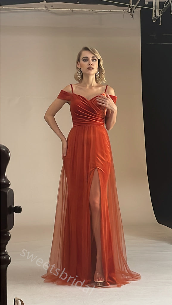 Sexy Off Shoulder Sleeveless Side Slit A-line Floor Length Prom Dress,SWS396