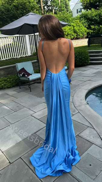 Ocean Blue Sleeveless V-neck Mermaid Floor Length Prom Dress,SWS2259