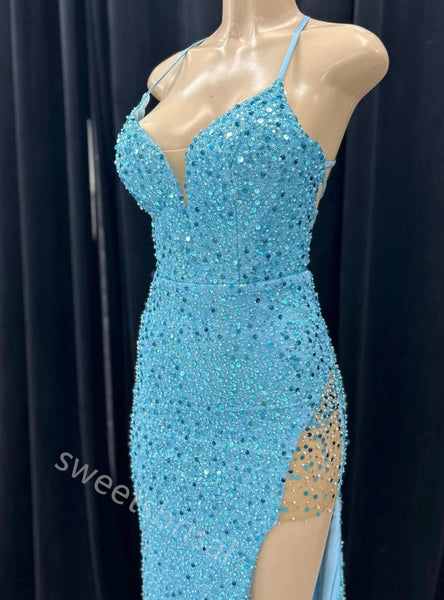 Sexy V-neck Sleeveless Side Slit Mermaid Floor Length  Prom Dress,SWS2223