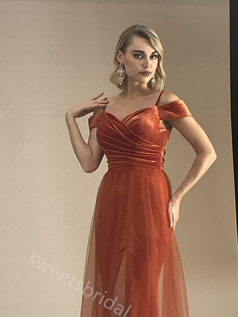 Sexy Off Shoulder Sleeveless Side Slit A-line Floor Length Prom Dress,SWS396