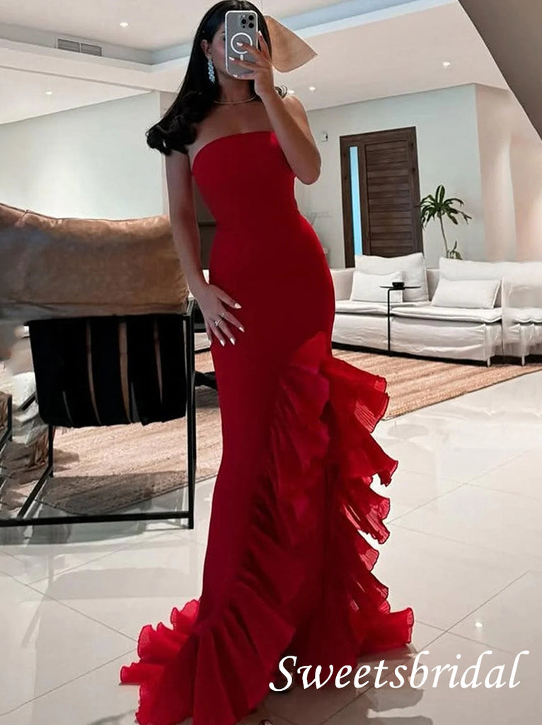 Red Strapless Sleeveless Ruffle Mermaid Floor Length Prom Dress,SWS2541