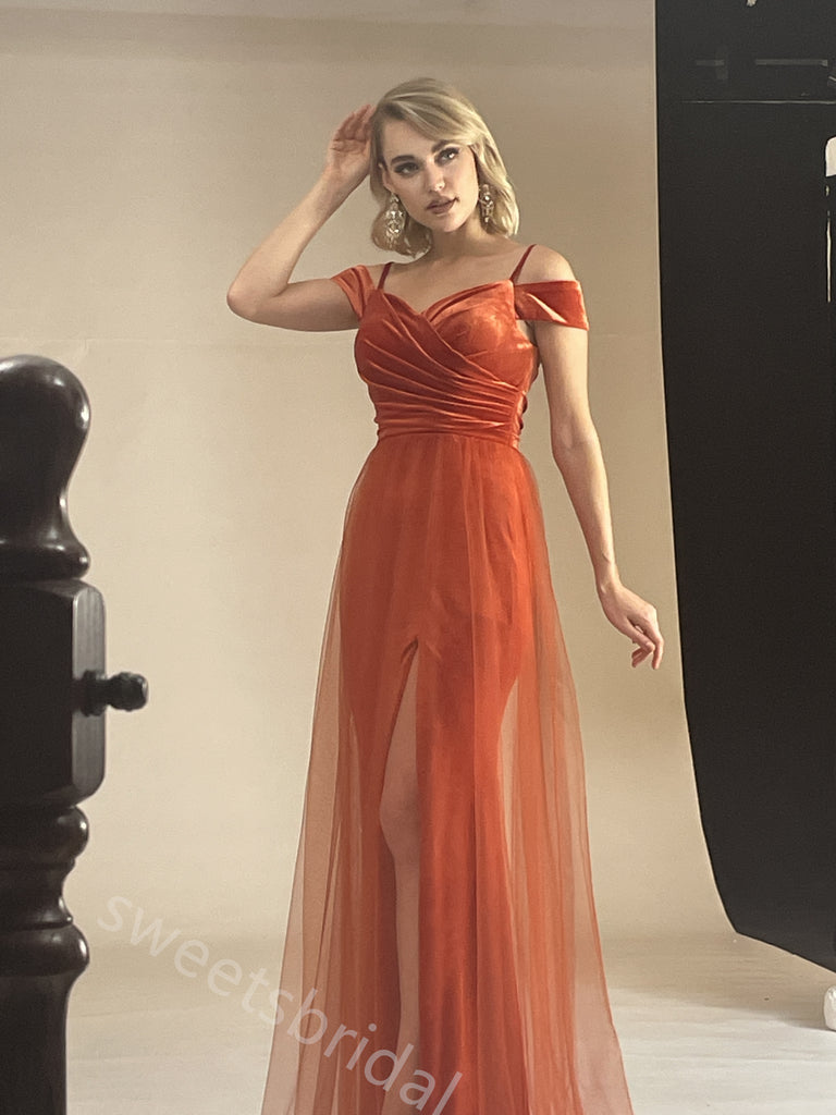 Sexy Off Shoulder Sleeveless Side Slit A-line Floor Length Prom Dress,SWS396