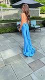 Ocean Blue Sleeveless V-neck Mermaid Floor Length Prom Dress,SWS2259
