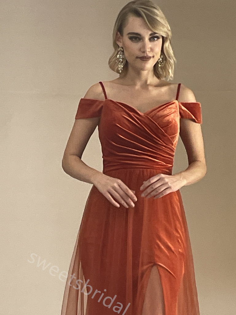 Sexy Off Shoulder Sleeveless Side Slit A-line Floor Length Prom Dress,SWS396