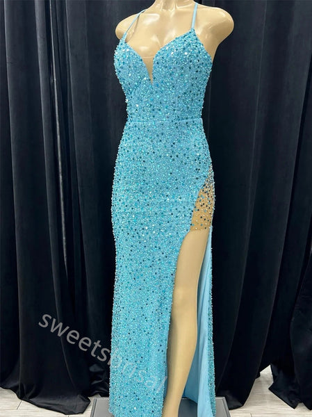 Sexy V-neck Sleeveless Side Slit Mermaid Floor Length  Prom Dress,SWS2223