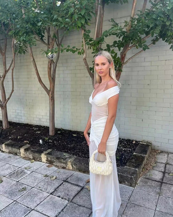 Ivory Off Shoulder V-neck Sleeveless Mermaid Long Floor Length Prom Dress,SWS2342