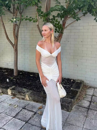 Ivory Off Shoulder V-neck Sleeveless Mermaid Long Floor Length Prom Dress,SWS2342