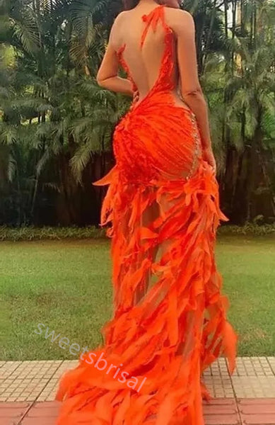 Orange One Shoulder Sleeveless Mermaid High Low Prom Dress,SWS2218