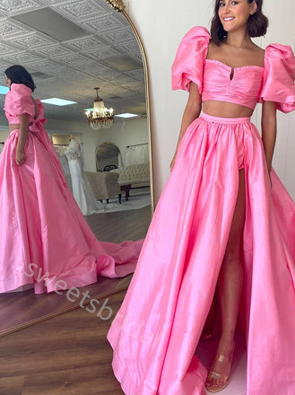 Two Pieces Square Sleeveless Side Slit A-line Floor Length Prom Dress,SWS2269