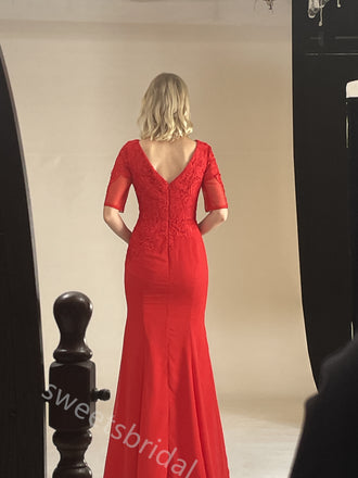 Res Half Sleeves Side Slit Sheath Long Bridesmaid Dresses, SWE1418