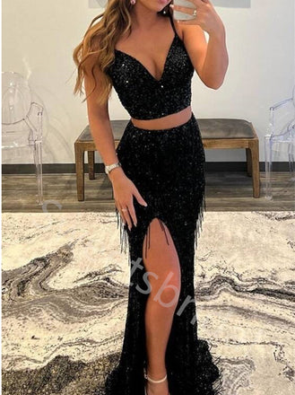Sexy Spaghetti straps V-neck Side slit Mermaid Long Prom Dress,SW2014