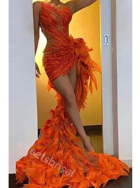 Orange One Shoulder Sleeveless Mermaid High Low Prom Dress,SWS2218