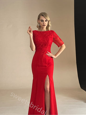 Red Half Sleeves Side Slit Mermaid Floor Length Prom Dress,SWS2418