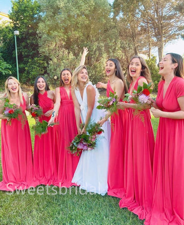 Mismatched Elegant V-neck Sleeveless A-line Long Bridesmaid Dressess, SWE1396