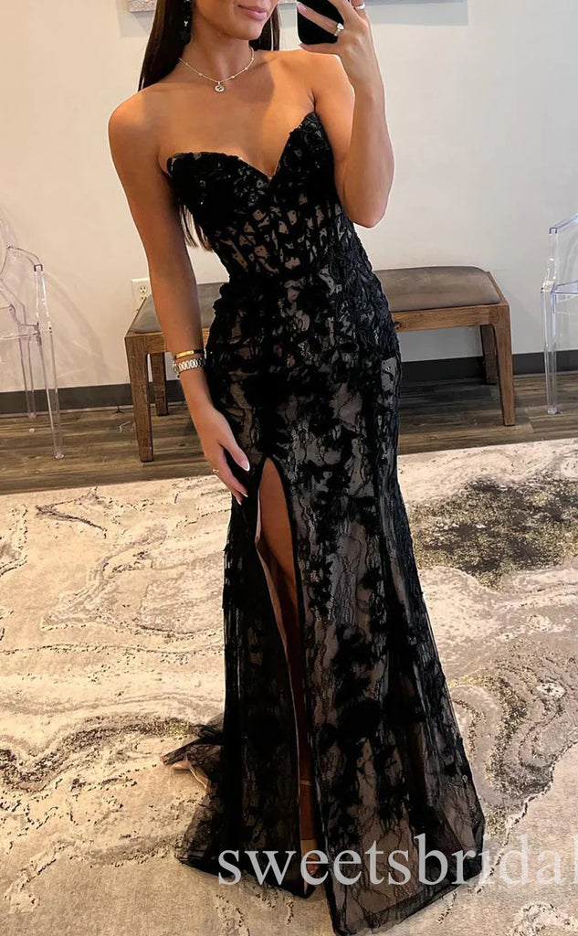 Black V-neck Sleeveless Side Slit Mermaid Long Prom Dress,SWS2433