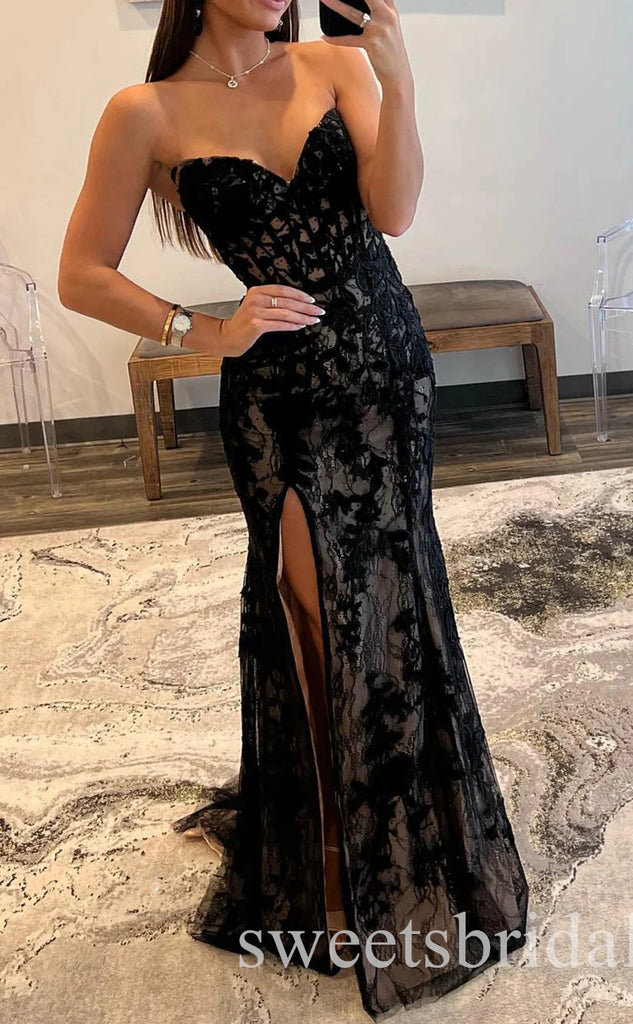 Black V-neck Sleeveless Side Slit Mermaid Long Prom Dress,SWS2433