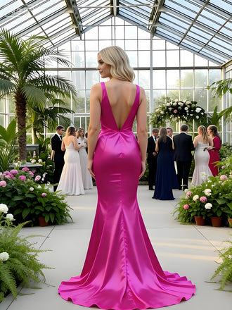 Sexy V-Neck Sleeveless Pleats Mermaid Floor Length Prom Party Dress,SWS2585