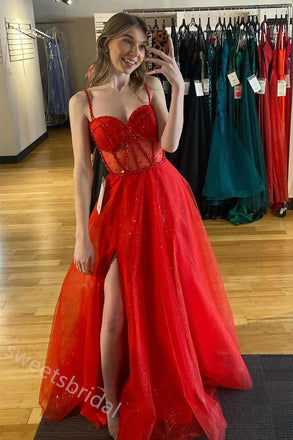 Red Sweetheart Sleeveless Side Slit A-line Long Floor Length Prom Dress,SWS2327