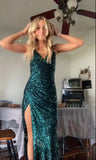 Sparkly V-neck Sleeveless Side Slit Mermaid Floor Length  Prom Dress,SWS2297