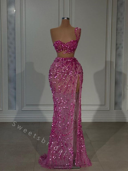Sexy One shoulder Sleeveless Side slit  Mermaid Long Prom Dress,SWS2041
